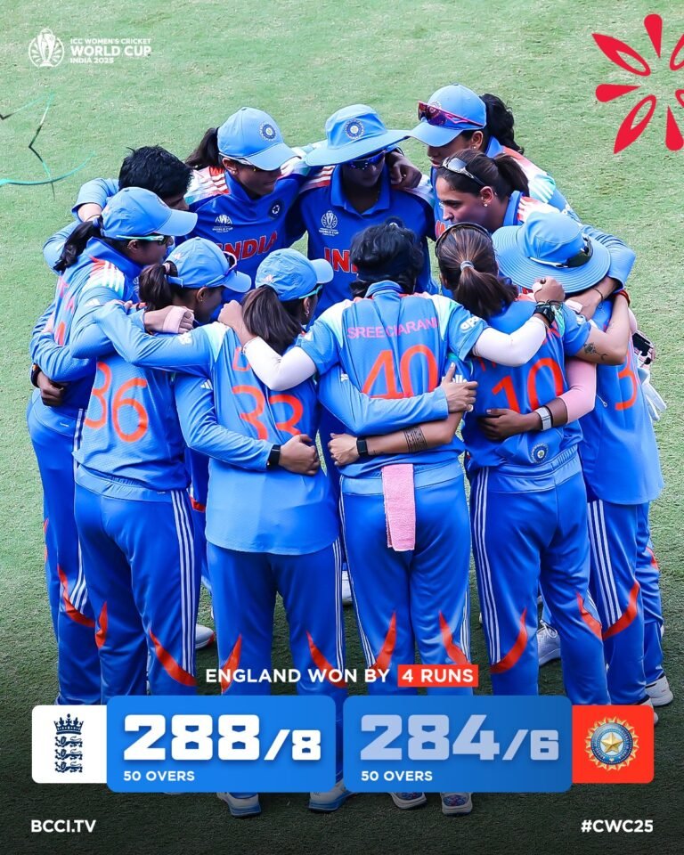 Heartbreak in Indore: India Women Suffer Narrow Four-Run Defeat to England in Women’s ODI World Cup 2025